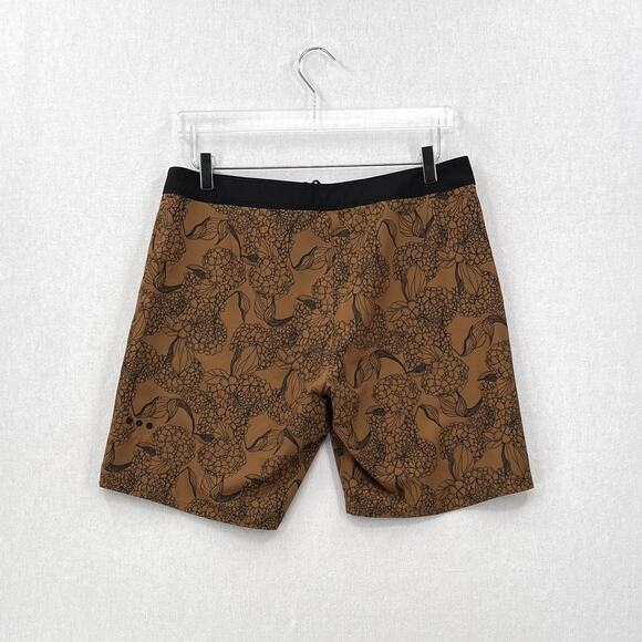 VUORI The Rise Board Shorts Mens 32 Brown Black Floral Swim Trunks Pocket - Picture 2 of 14